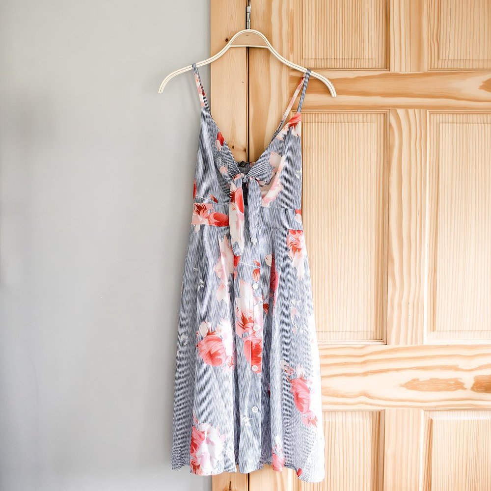 NWT FancyInn Blue Striped Pink Floral Front Cut Out Dress Size S Nautical Cotton